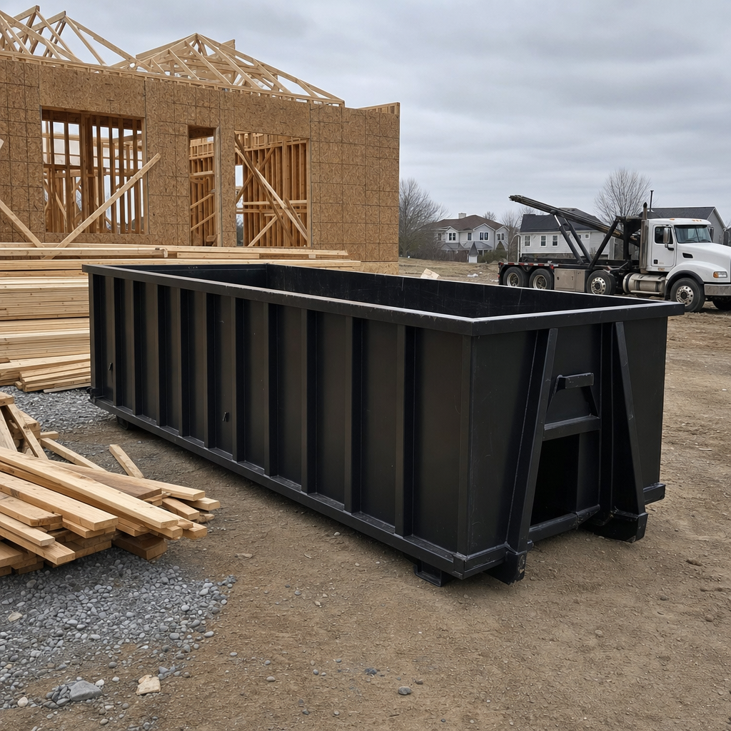 Matte-black 40-yard roll-off dumpster staged on a framed-out residential construction site in Lincoln, framing lumber stacked nearby, hooklift delivery truck visible in the background under bright Colorado daylight
