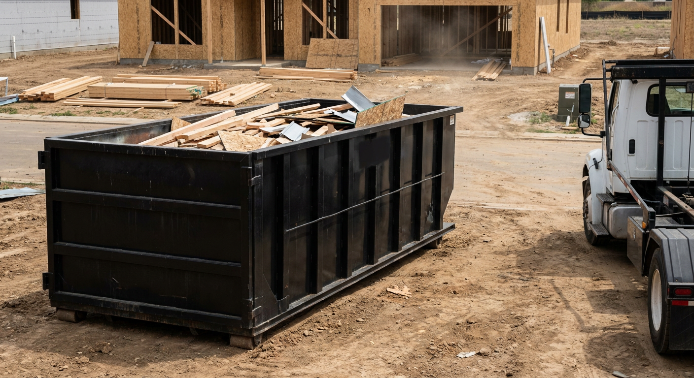 Matte-black 20-yard roll-off construction dumpster with heavy ribbed steel sidewalls and swing rear doors at a working jobsite in Lincoln, sitting directly on compacted dirt with an unmarked white hauler partially visible at the far edge of the frame.