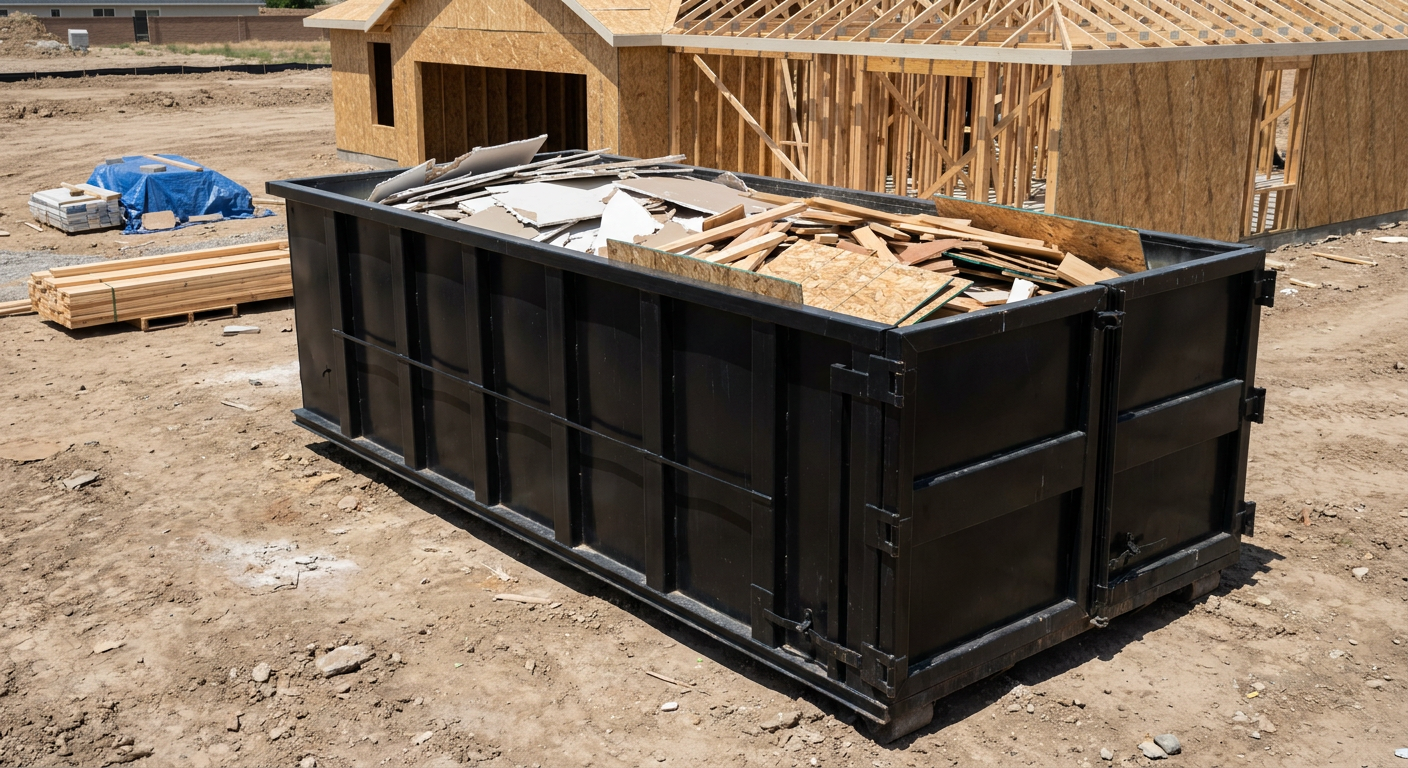 Matte-black 30-yard roll-off construction dumpster sitting directly on the compacted-dirt site of a framed single-family home build in Lincoln, drywall and lumber scrap loaded inside.