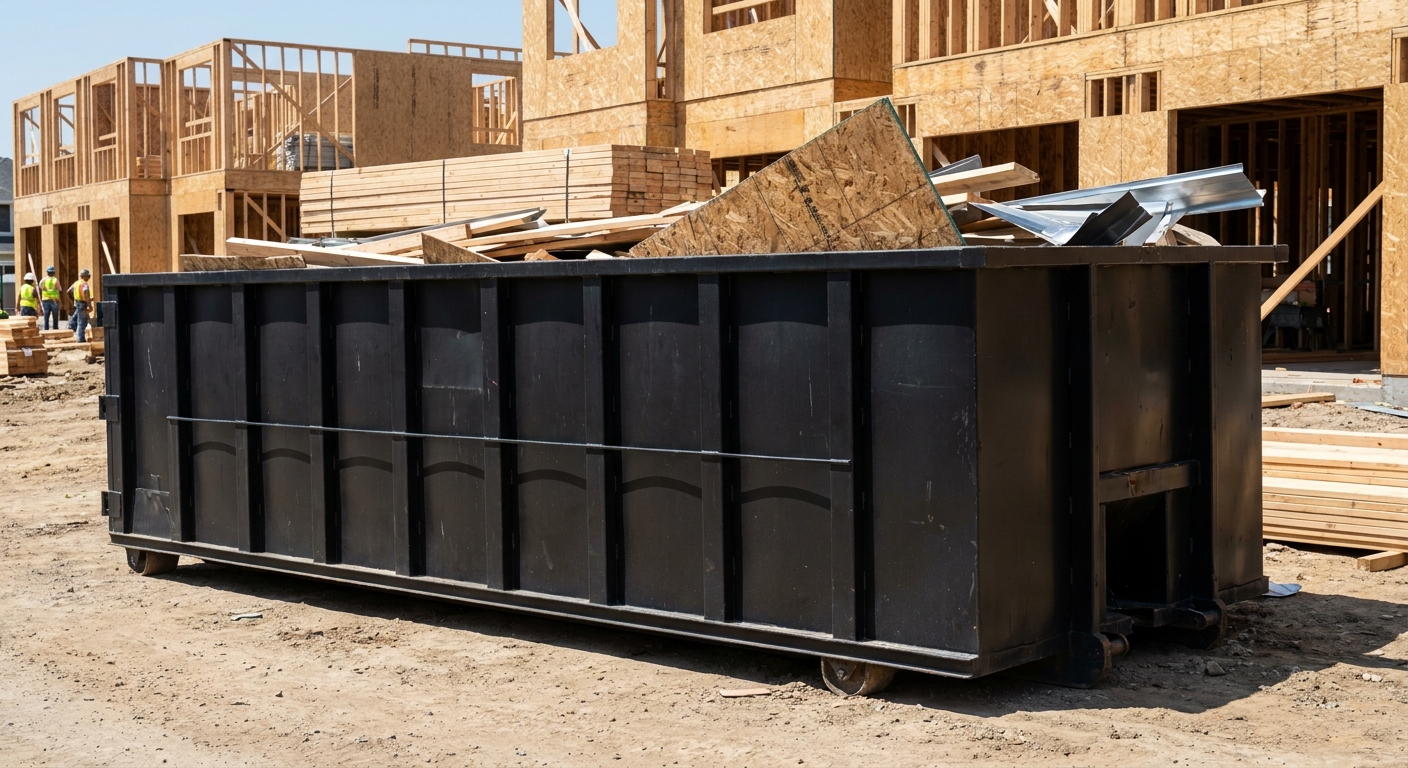 Matte-black 40-yard roll-off construction dumpster being lowered from a white-cab hooklift delivery truck onto the compacted-dirt jobsite at a commercial build site in Lincoln