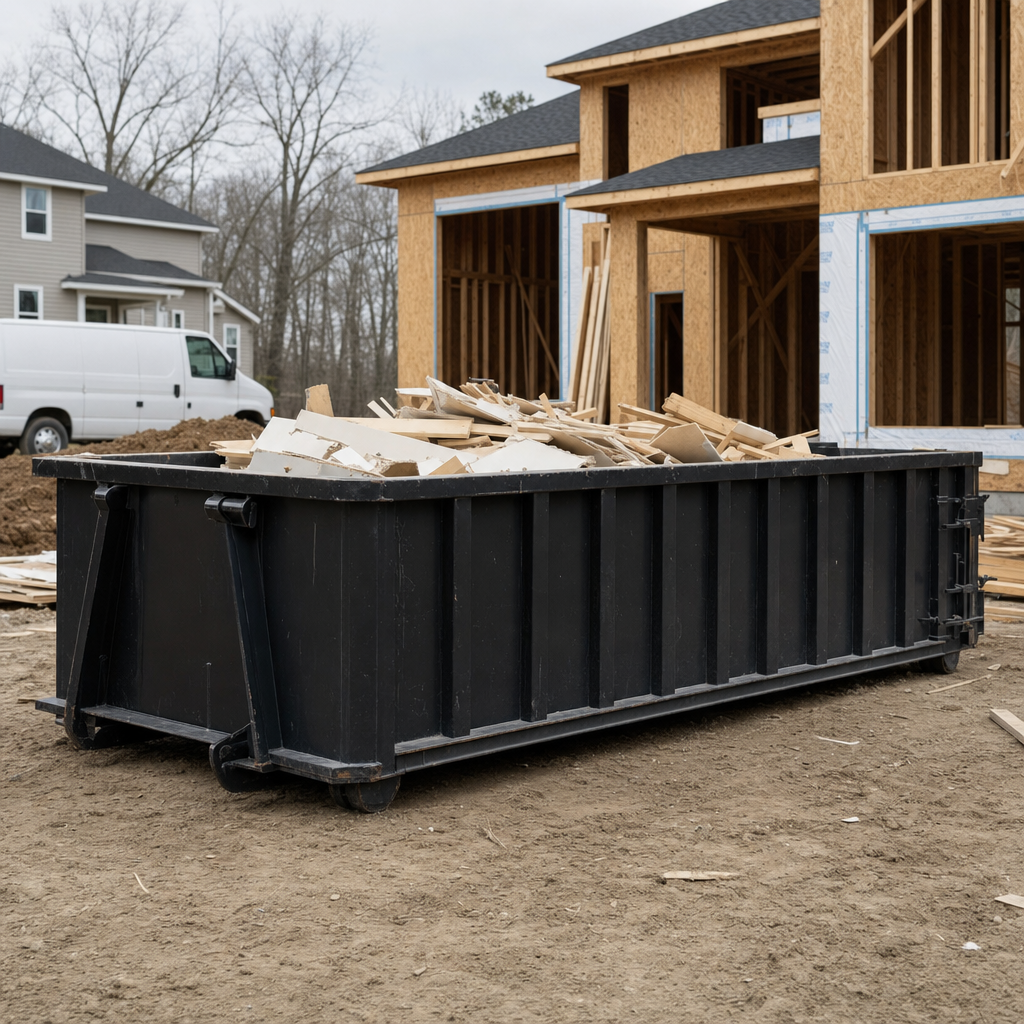 Worker in a yellow high-visibility vest tossing framing lumber and broken drywall into a matte-black 30-yard construction roll-off dumpster on an active build site in Lincoln, bright daylight