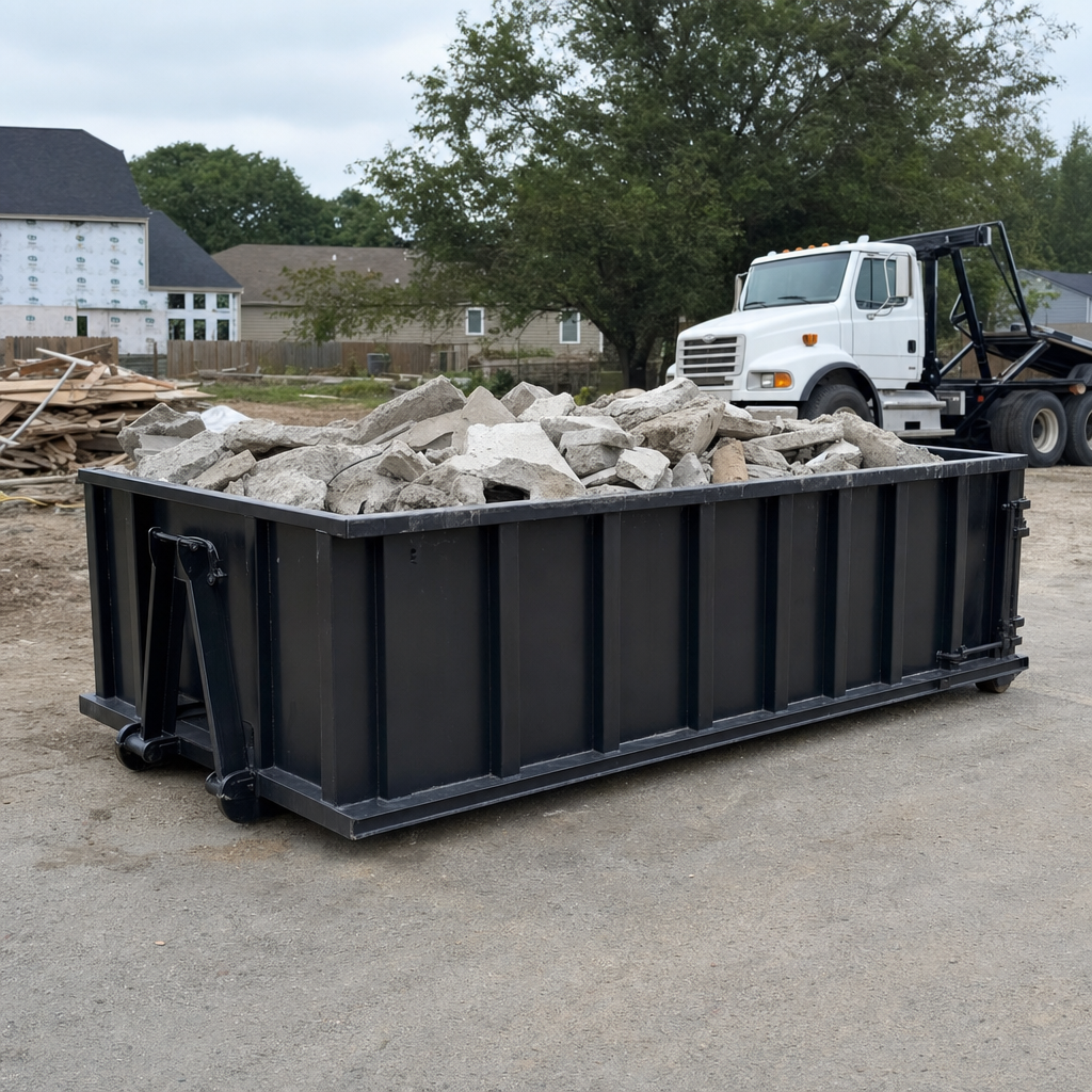 Low-profile matte-black lowboy roll-off dumpster loaded with broken concrete slab and rebar at a foundation tear-out in Lincoln, skid steer parked beside it, sunny Colorado morning