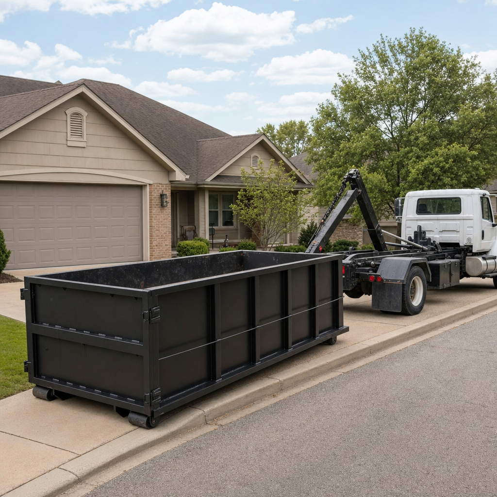 Wide documentary shot of a matte-black roll-off dumpster on a Lincoln residential driveway in the foreground and a contractor jobsite container in the soft-focus background, bright daylight, calm and orderly composition.