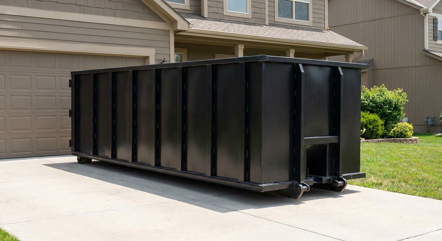Matte-black residential roll-off dumpster sitting directly on a suburban Lincoln concrete driveway, garage door closed, single-family home in background, bright morning daylight.