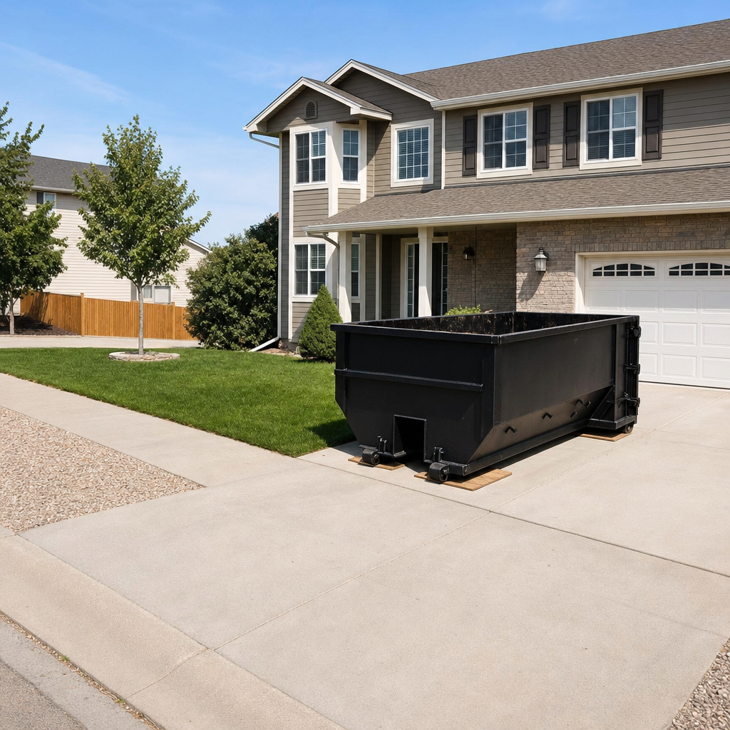 10-yard matte-black residential dumpster placed directly on a narrow Lincoln concrete driveway, room remains for a parked sedan beside it, mid-morning natural light