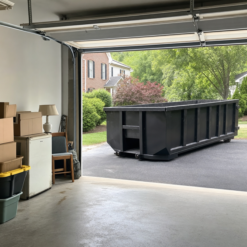 Open garage interior in a Lincoln home mid-cleanout — boxed items, an old appliance, and stacked yard tools queued near the driveway for a matte-black roll-off dumpster, organized and calm