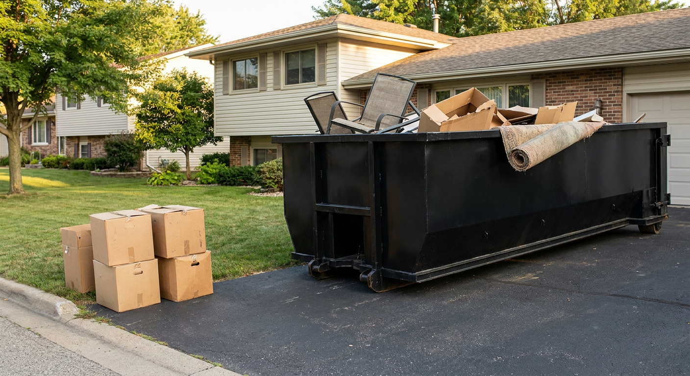 Front-yard view of a Lincoln split-level home with a 20-yard matte-black roll-off dumpster sitting directly on the asphalt driveway, a few clearly labeled donation boxes staged at the curb, calm sunny afternoon.