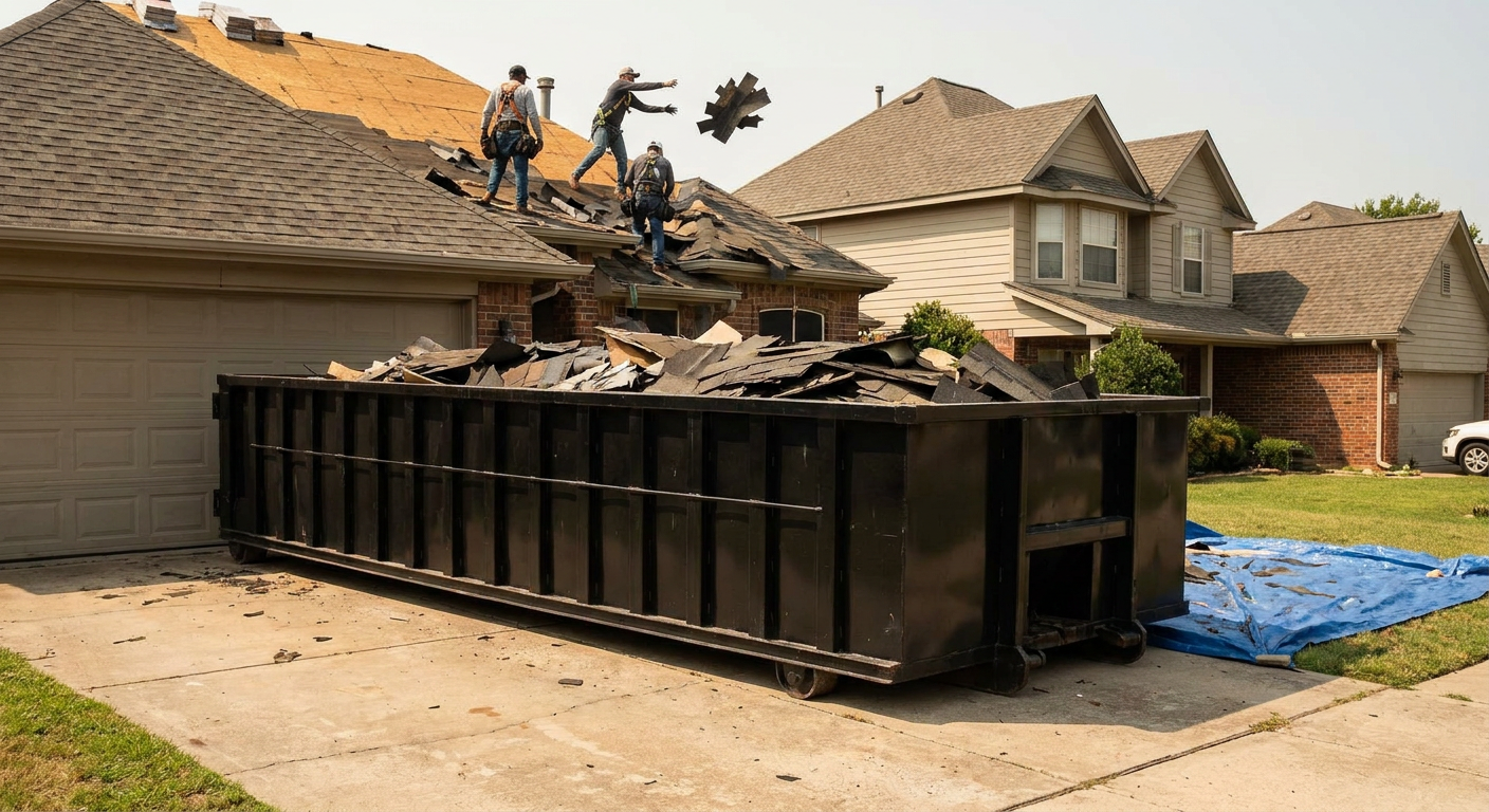 Matte-black roofing roll-off dumpster placed directly on a Lincoln residential concrete driveway, a tear-off crew on a two-story asphalt-shingle roof tossing shingle bundles into the low-walled container, bright daylight, documentary 35mm perspective.