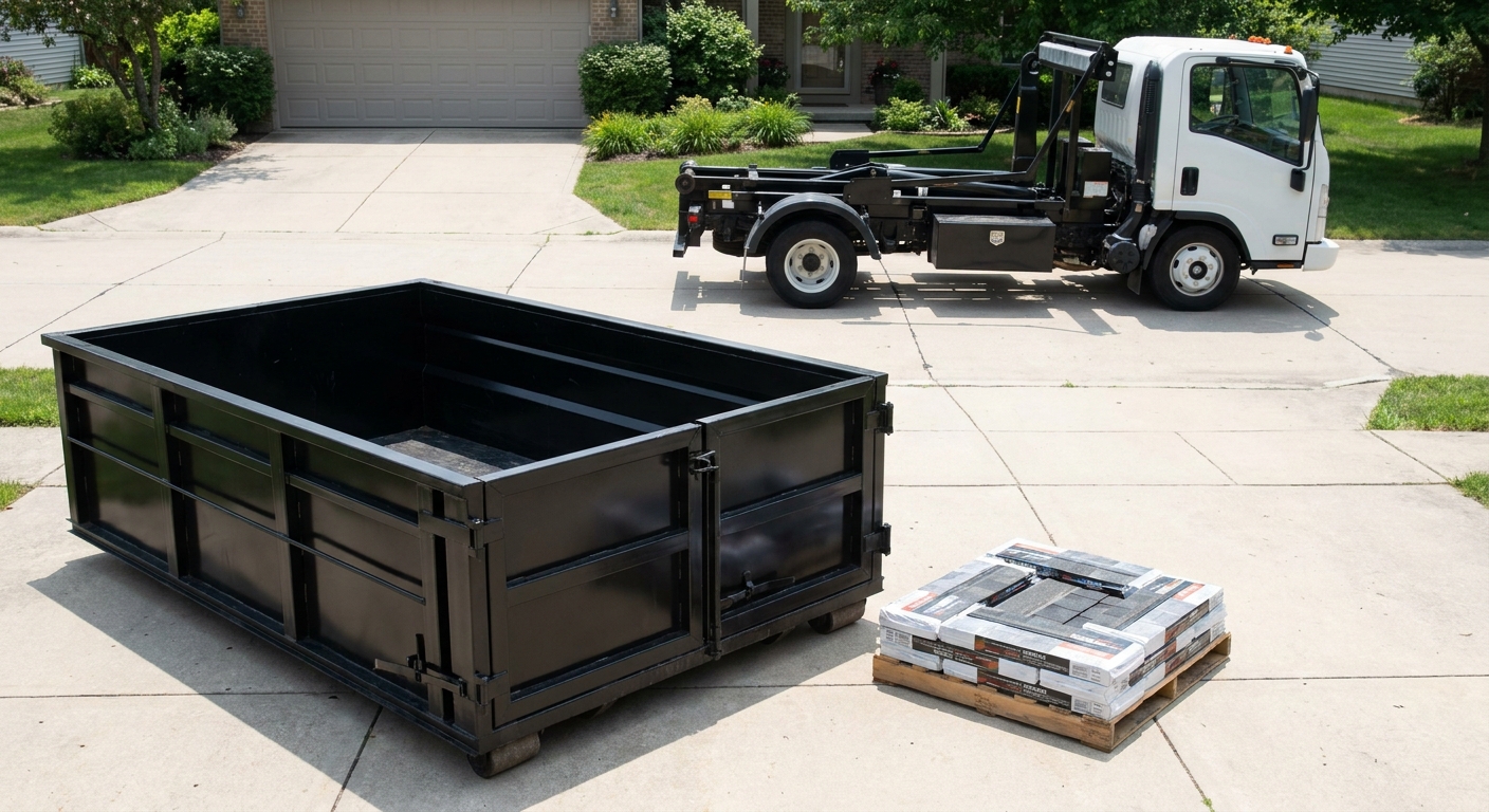 Matte-black 15-yard roofing roll-off dumpster with reinforced low side walls sitting directly on a Lincoln residential concrete driveway, three-tab asphalt shingle bundles stacked nearby, an unmarked white hauler truck partially visible at the edge of the frame.