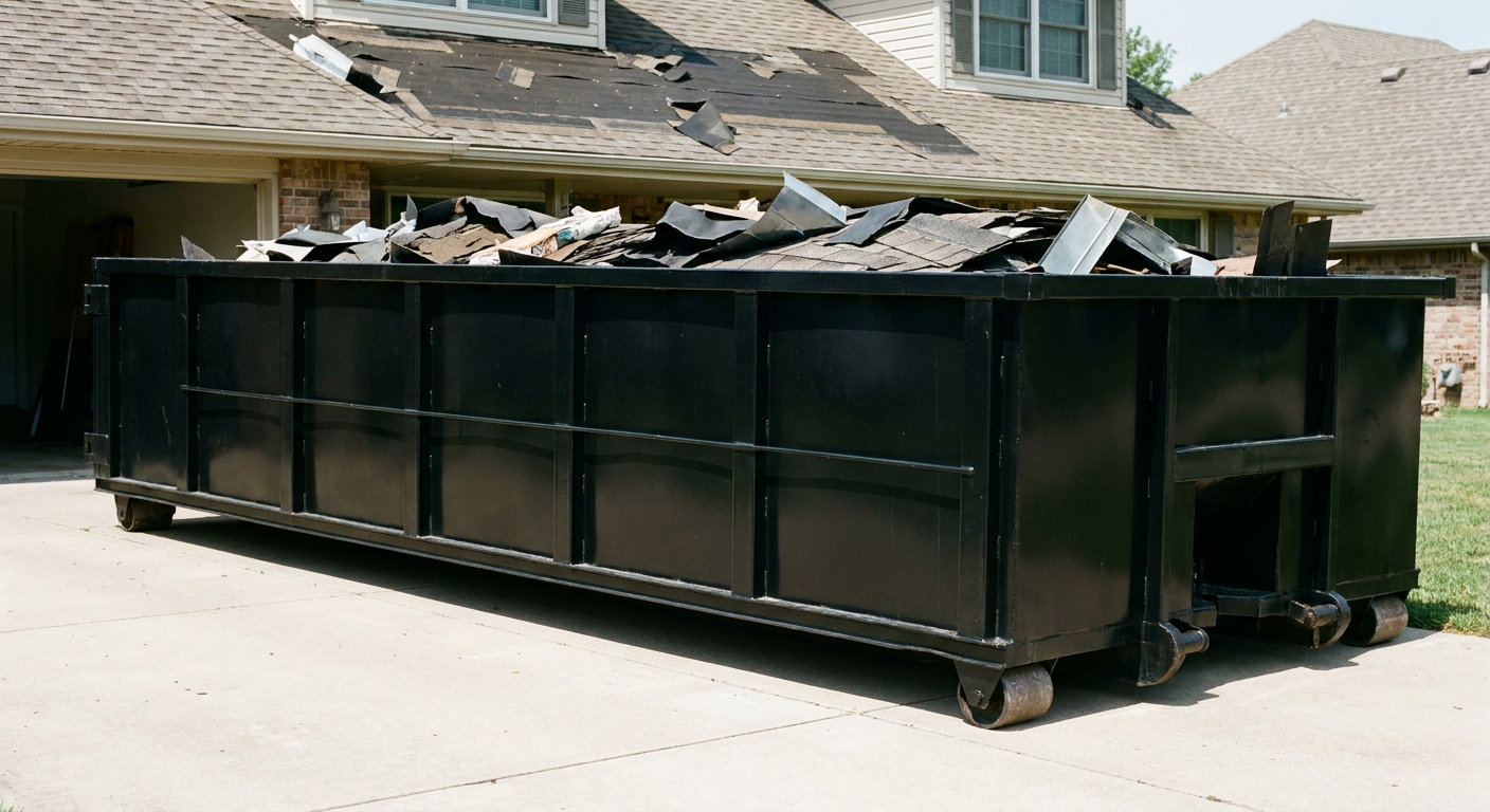 Matte-black 20-yard roofing roll-off dumpster with steel ribbed sides and swinging rear door, sitting directly on the concrete driveway of a two-story Lincoln home, asphalt shingle debris being loaded over the low wall, clean documentary lighting.