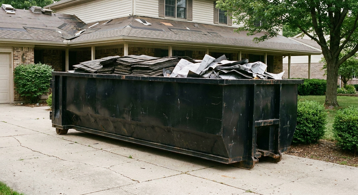 Matte-black 30-yard roofing roll-off dumpster sitting directly on a Lincoln concrete driveway, taller ribbed steel side panels, mixed tear-off debris of asphalt shingles and underlayment inside, professional documentary daylight.