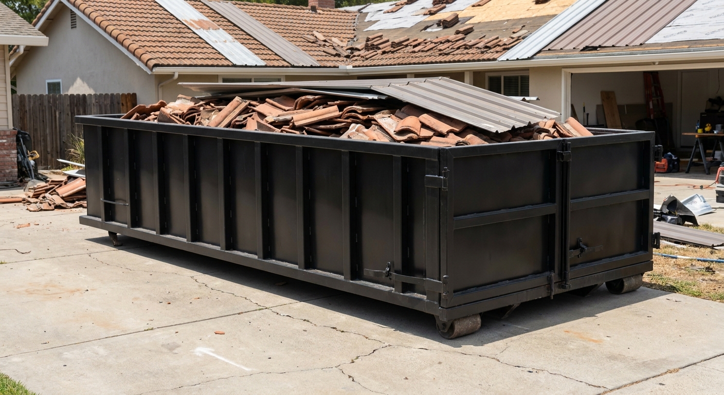 Matte-black low-wall heavy-debris roofing roll-off dumpster sitting directly on a Lincoln concrete driveway, broken concrete clay roof tiles and metal panel sections loaded inside, reinforced ribbed steel side walls visible, bright outdoor daylight.