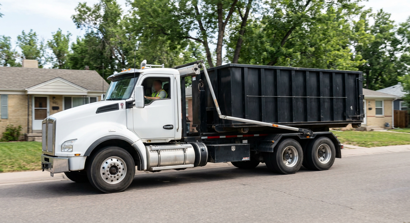 A wide documentary shot of a matte-black roll-off delivery truck pulling onto a quiet Lincoln residential street at mid-morning, with neighborhood rooftops and tree-lined blocks visible behind, showing the metro coverage footprint.