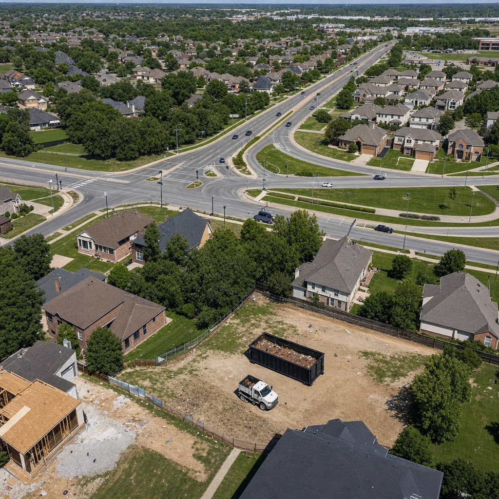 An overhead documentary view of the Lincoln metro area at midday, showing the spread of neighborhoods, arterial roads, and the dispatch radius from a central yard — clean daylight, organized geographic layout.