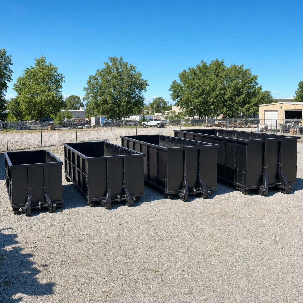 A clean lineup of matte-black roll-off dumpsters in 10, 20, 30, and 40-yard sizes staged on a sunlit gravel yard in Lincoln, showing the size progression from compact to commercial-scale containers.