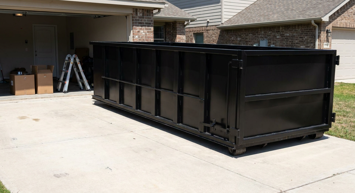 A matte-black 10-yard roll-off dumpster sitting directly on a residential Lincoln concrete driveway, mid-day sunlight, clean and ready for a garage cleanout.