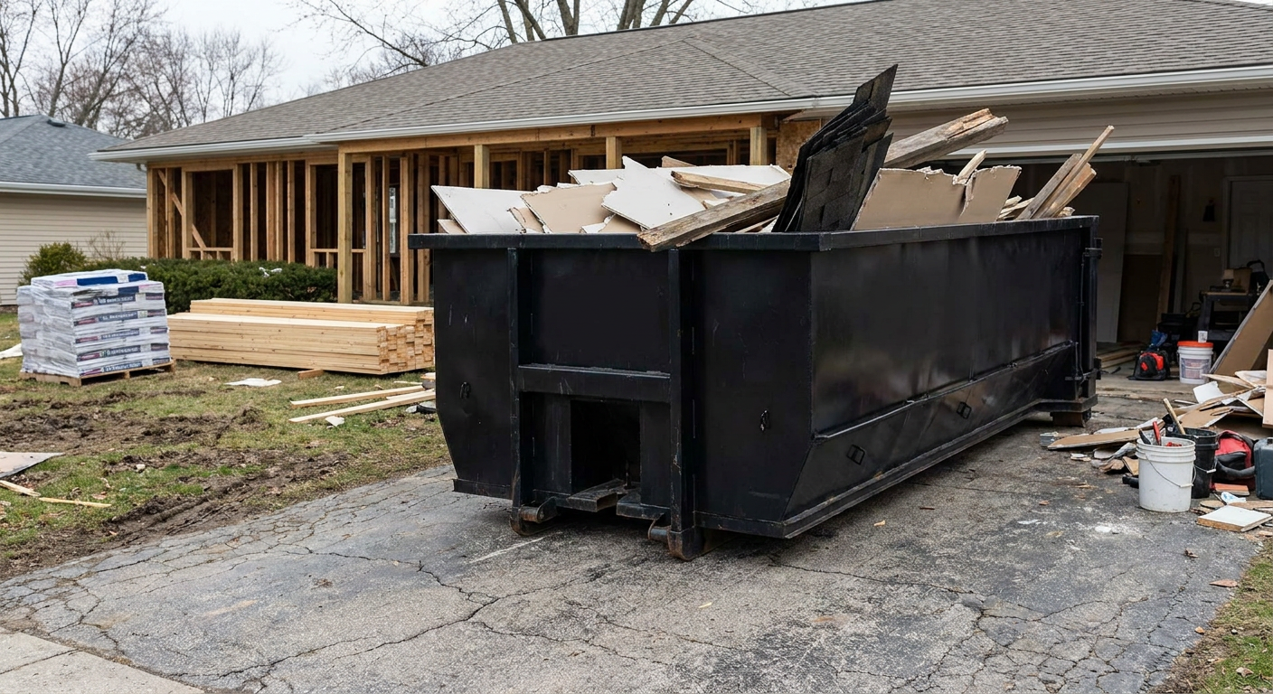 A matte-black 20-yard roll-off dumpster placed alongside a mid-renovation Lincoln home directly on the asphalt driveway, with framing materials and torn-off shingles staged neatly nearby.