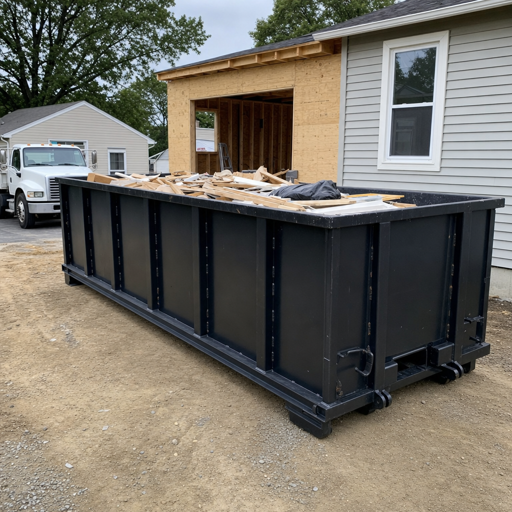 A matte-black 30-yard roll-off dumpster positioned at a Lincoln residential addition jobsite, with framing lumber and drywall scraps loaded through the open swinging rear doors.