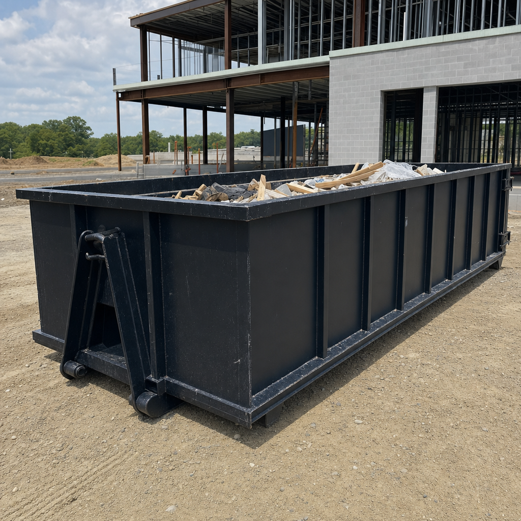 A matte-black 40-yard roll-off dumpster staged on a large Lincoln commercial construction lot, with a hooklift delivery truck parked alongside under bright midday sky.