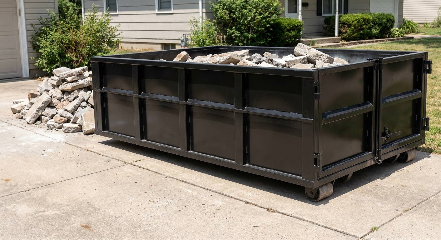 A matte-black low-side heavy-debris roll-off dumpster placed directly on a Lincoln concrete driveway, with broken concrete chunks neatly stacked beside it under clean daylight.